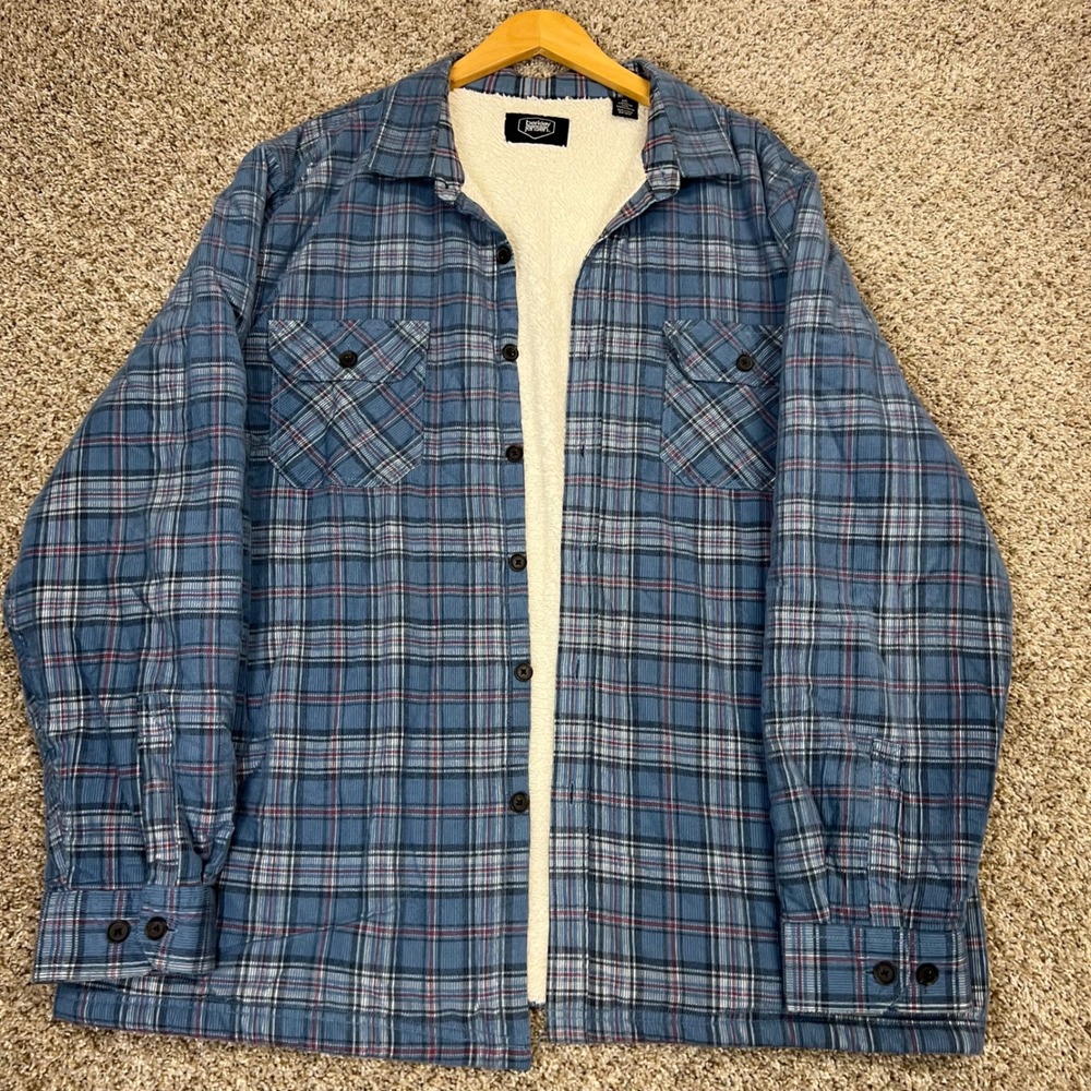 Berkley Jensen Mens XXL Blue Plaid Corduroy Sherpa Lined Shirt Jacket Shacket